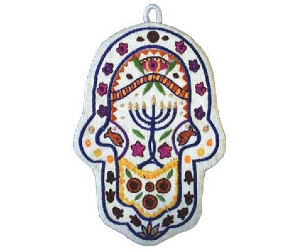 Yair Emanuel Small Hand-embroidered Wall Hamsa - Menorah