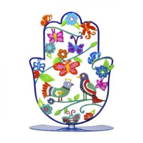 Yair Emanuel Small Hand-painted Hamsa on Stand - Birds and Butterflies