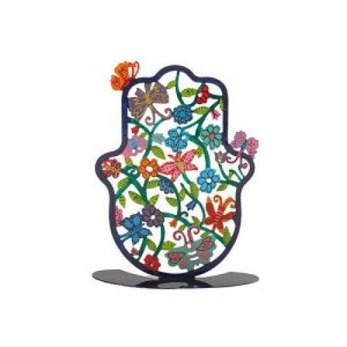 Yair Emanuel Small Hand-painted Hamsa on Stand - Flowers and Butterflies