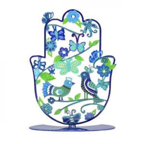 Yair Emanuel Small Hand-painted Hamsa on Stand, Birds Flowers Butterflies - Blue