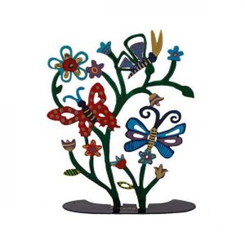 Yair Emanuel Small Hand-painted Tree Sculpture with Butterflies on Stand