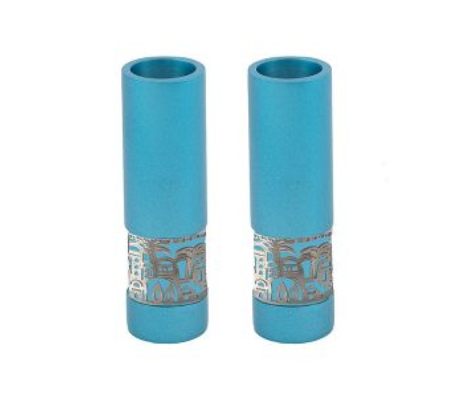 Yair Emanuel Small Shabbat Candlesticks, Silver Jerusalem Band - Turquoise