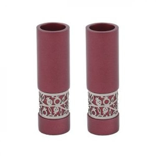 Yair Emanuel Small Shabbat Candlesticks, Silver Pomegranate Band - Maroon