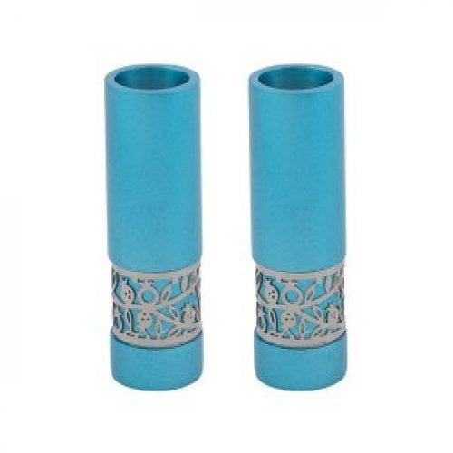 Yair Emanuel Small Shabbat Candlesticks, Silver Pomegranate Band - Turquoise