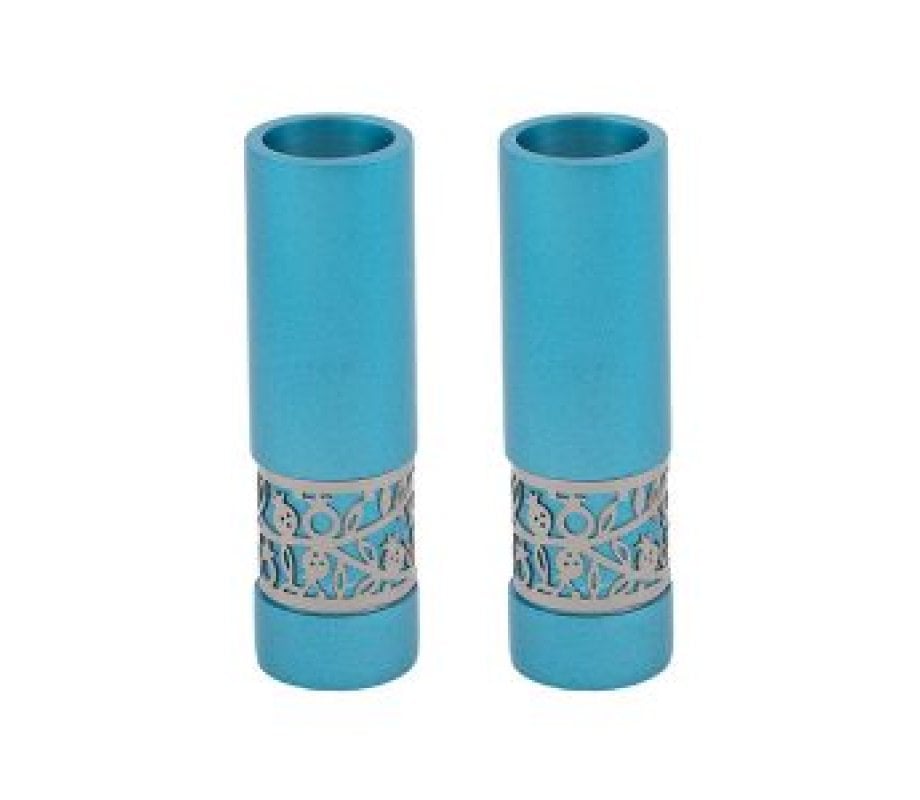 Yair Emanuel Small Shabbat Candlesticks, Silver Pomegranate Band - Turquoise