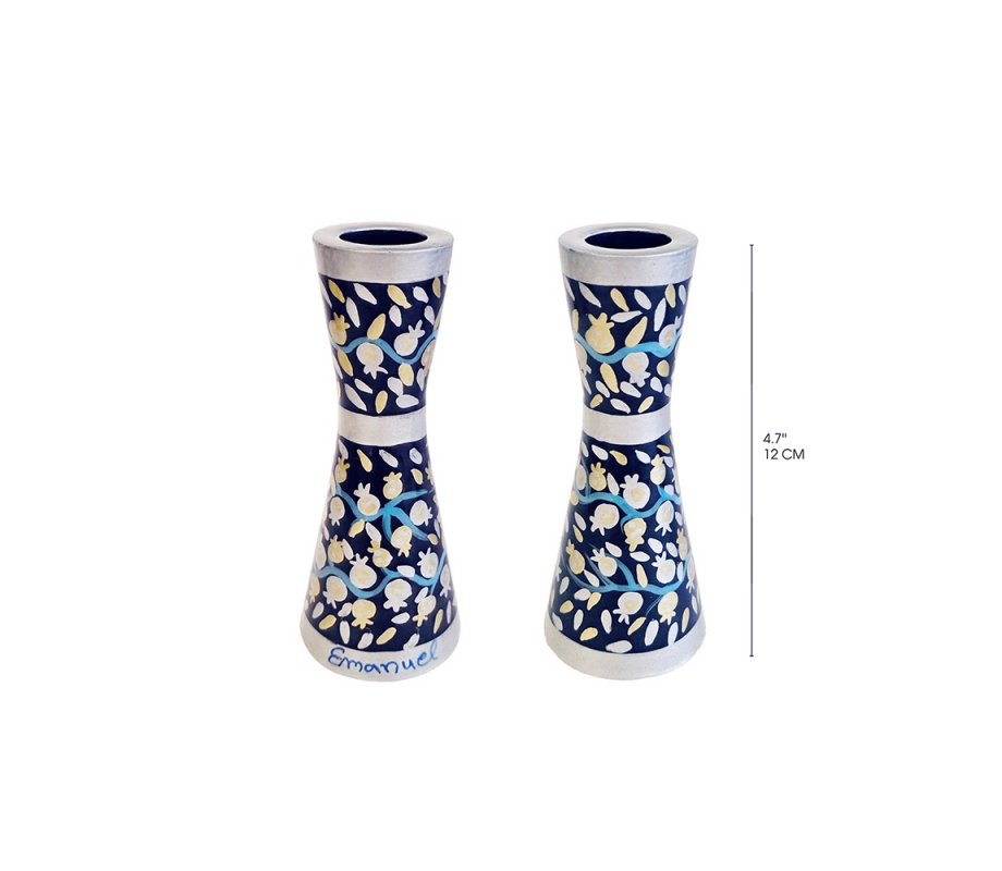 Yair Emanuel Small Stainless Steel Candlesticks - Silver Pomegranates on Blue