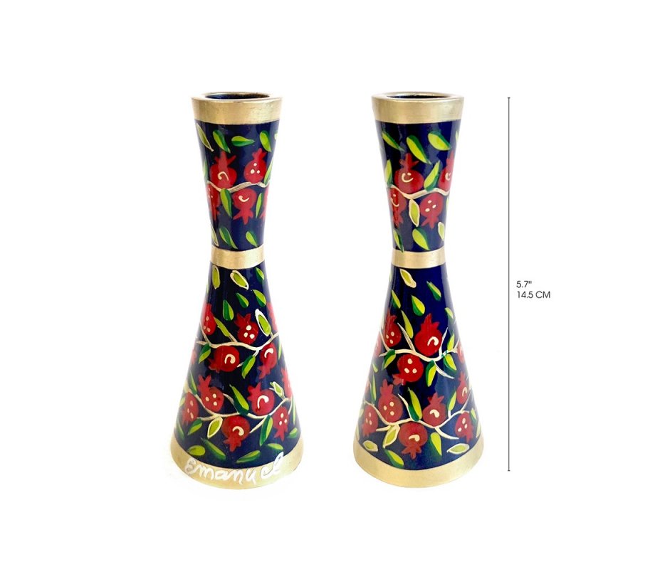 Yair Emanuel Stainless Steel Candlesticks - Red Pomegranates on Blue