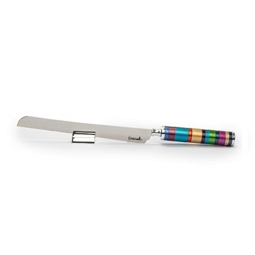 Yair Emanuel Stainless Steel Challah Knife with Stand - Decorated Colored Handle