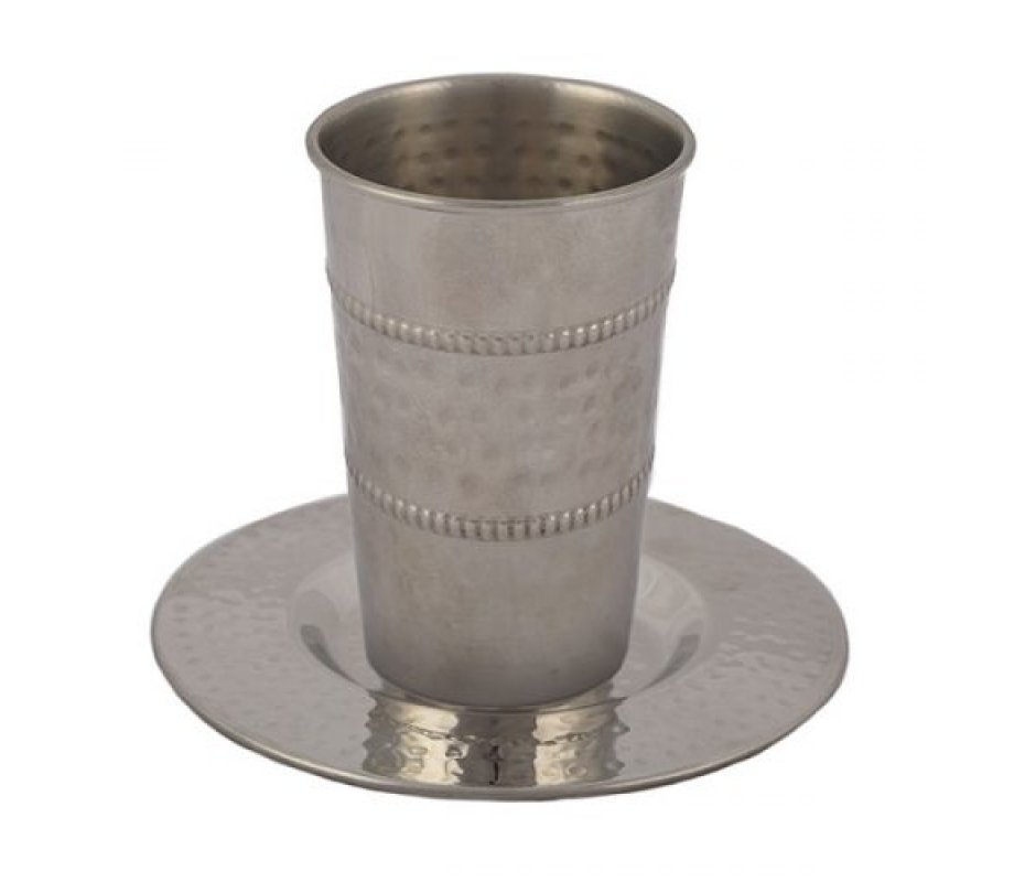 Yair Emanuel Stainless Steel Kiddush Cup and Saucer - Hammered Stripe