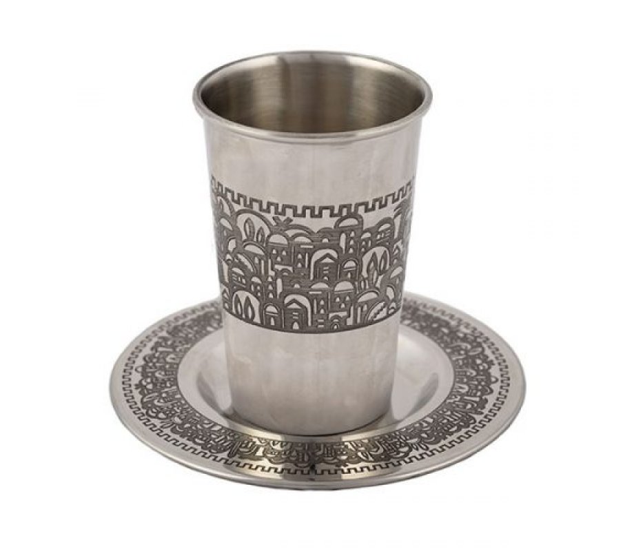 Yair Emanuel Stainless Steel Kiddush Cup and Saucer - Jerusalem
