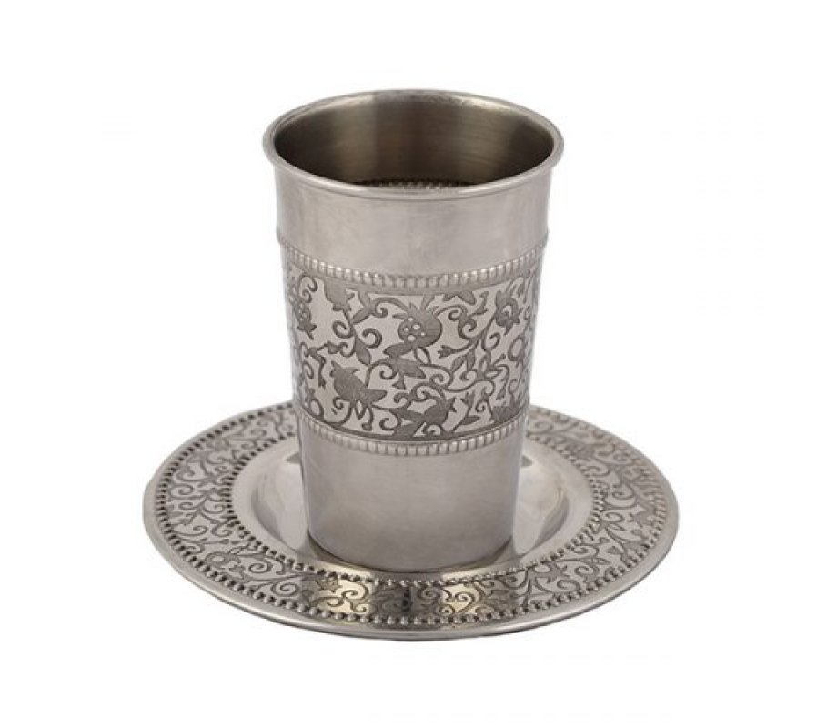 Yair Emanuel Stainless Steel Kiddush Cup and Saucer - Pomegranates