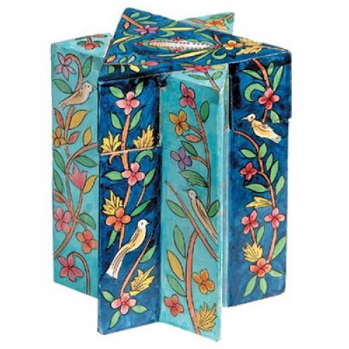 Yair Emanuel Star of David Wood Charity Tzedakah Box - Birds Floral, Blue