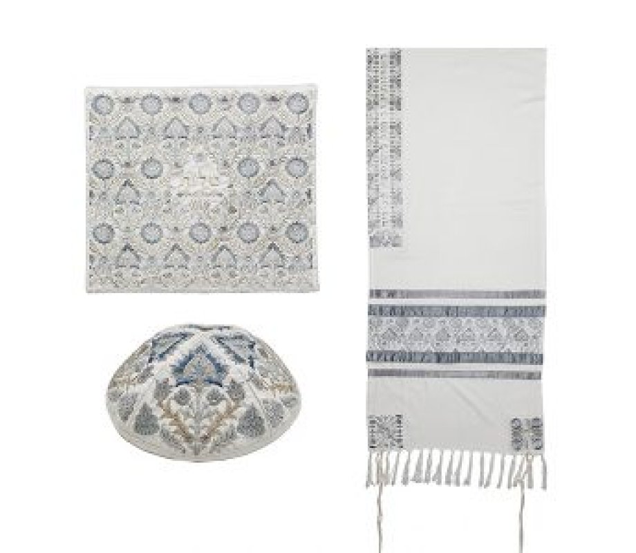 Yair Emanuel Tallit Kippah and Bag Set, Oriental Design – Silver