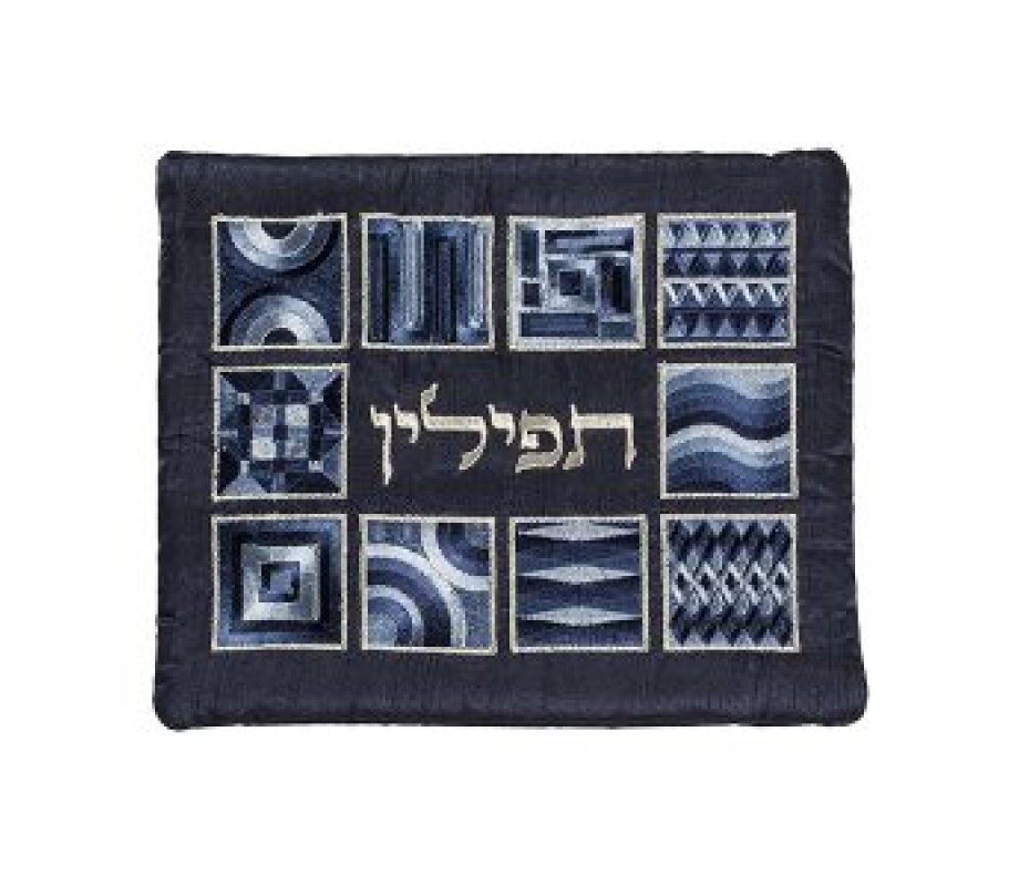 Yair Emanuel Tallit and Tefillin Bag, Embroidered Squares and Shapes - Blue (Sold Separately)
