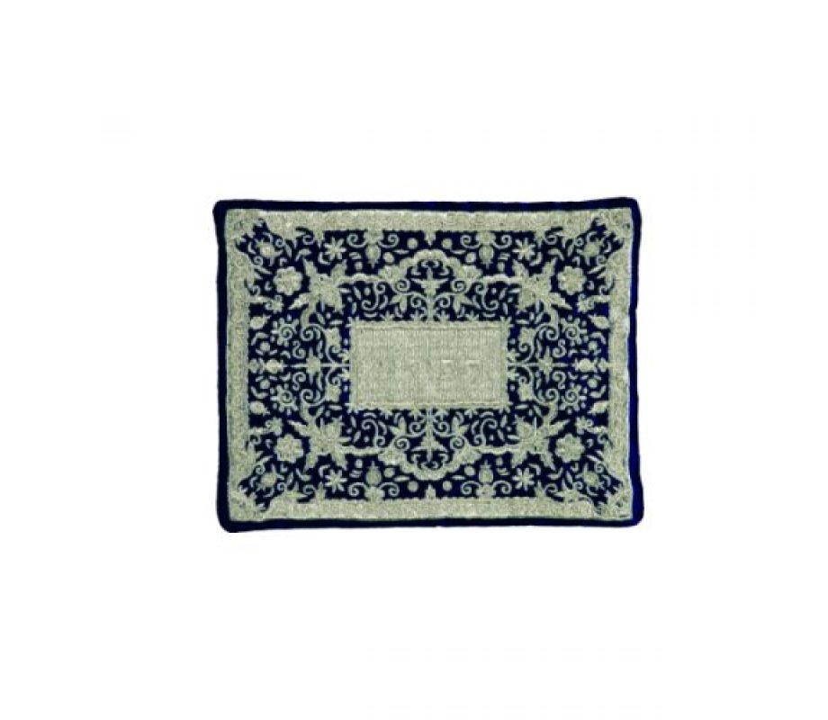Yair Emanuel Tallit and Tefillin Bag Full Embroidery, Flowers - Silver on Blue (Sold Separately)