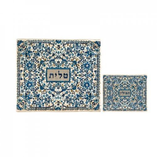 Yair Emanuel Tallit and Tefillin Bag Set Full Embroidery, Flowers - Blue
