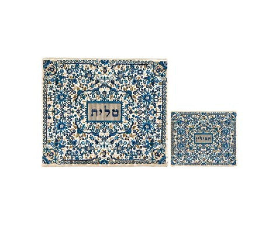 Yair Emanuel Tallit and Tefillin Bag Set Full Embroidery, Flowers - Blue