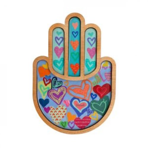 Yair Emanuel Two-Layer Wood Wall Hamsa, Enamel Finish - Colorful Hearts