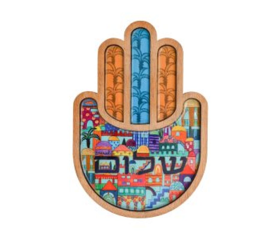 Yair Emanuel Two-Layer Wood Wall Hamsa, Enamel Finish - Jerusalem Images, Shalom