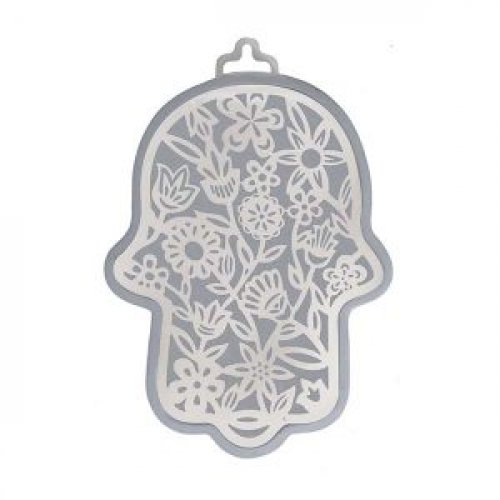 Yair Emanuel Wall Hamsa, Overlay of Cutout Floral Display - Silver on Silver