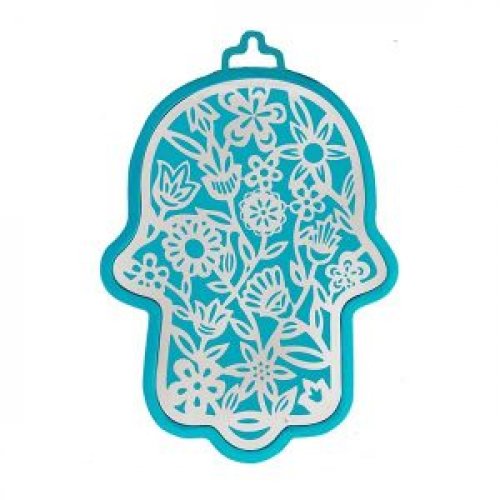 Yair Emanuel Wall Hamsa, Overlay of Cutout Floral Display - Silver on Turquoise