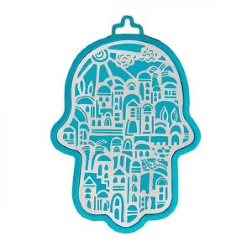 Yair Emanuel Wall Hamsa, Overlay of Cutout Jerusalem Images - Silver on Turquoise