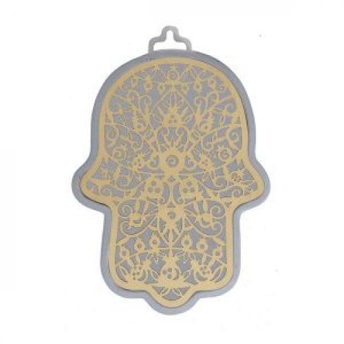 Yair Emanuel Wall Hamsa, Overlay of Cutout Pomegranates - Gold on Silver