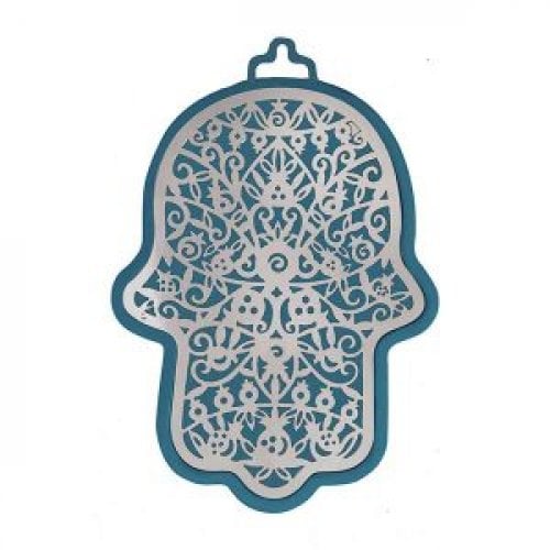 Yair Emanuel Wall Hamsa, Overlay of Cutout Pomegranates - Silver on Blue