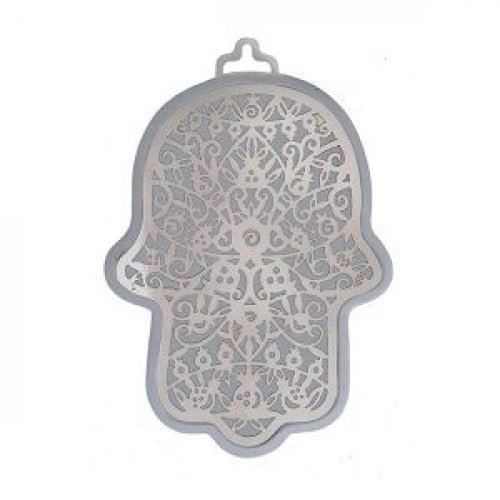 Yair Emanuel Wall Hamsa, Overlay of Cutout Pomegranates - Silver on Silver