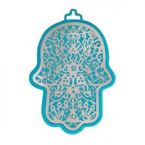 Yair Emanuel Wall Hamsa, Overlay of Cutout Pomegranates - Silver on Turquoise