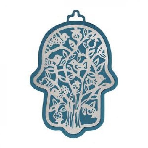 Yair Emanuel Wall Hamsa, Overlay of Cutout Tree and Bird Images - Silver on Blue