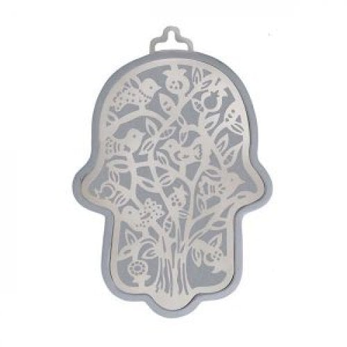 Yair Emanuel Wall Hamsa, Overlay of Cutout Tree and Birds - Silver on Silver