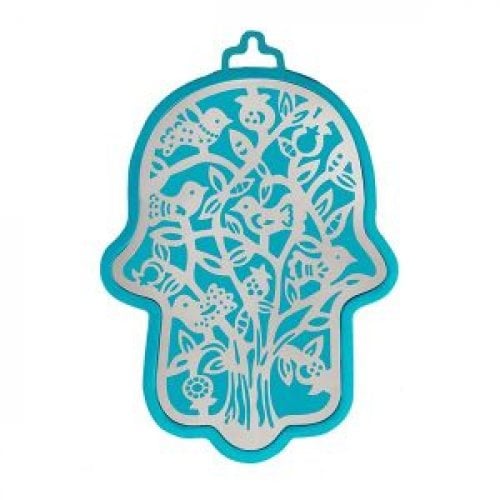 Yair Emanuel Wall Hamsa, Overlay of Cutout Tree and Birds - Silver on Turquoise