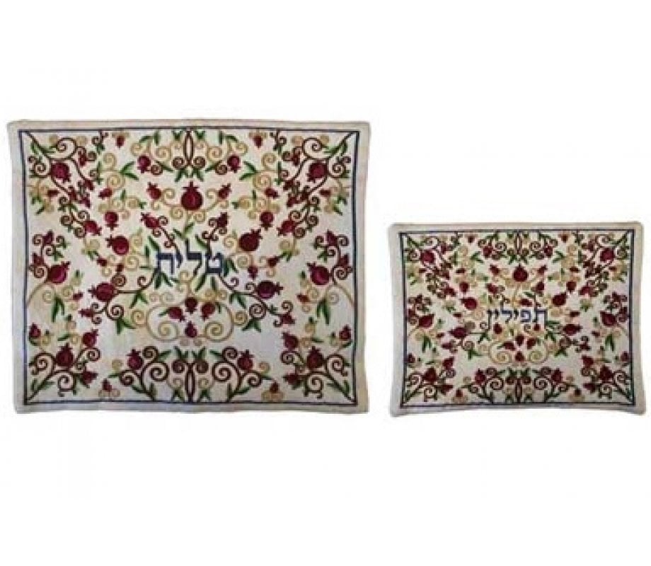 Yair Emanuel White Embroidered Tallit and Tefillin Bag – Red Pomegranate Vines