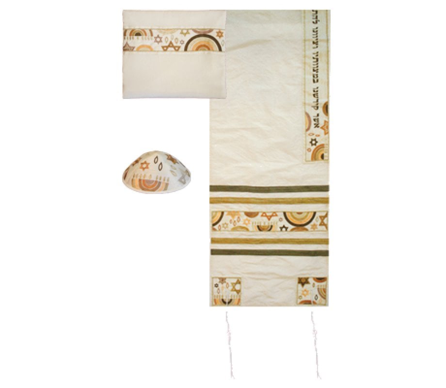 Yair Emanuel White Polysilk Tallit Set - Embroidered Gold Stars of David and Menorahs