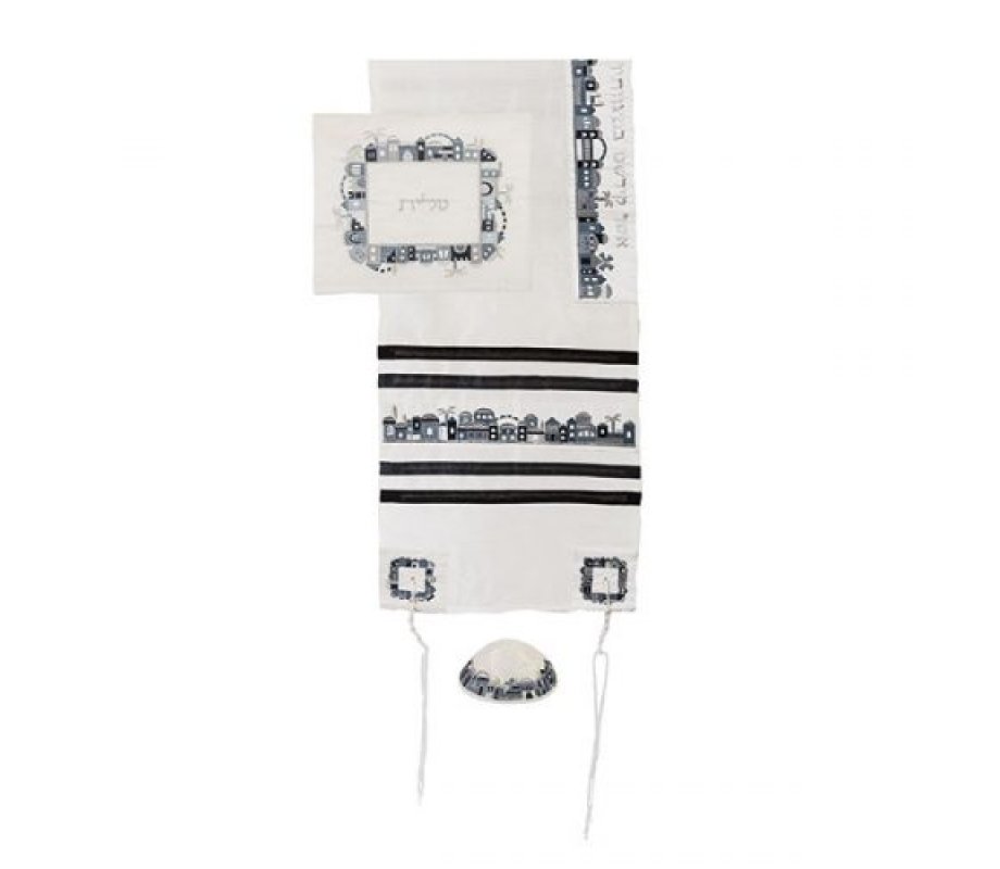 Yair Emanuel White Polysilk Tallit Set, Embroidered Jerusalem Design - Black