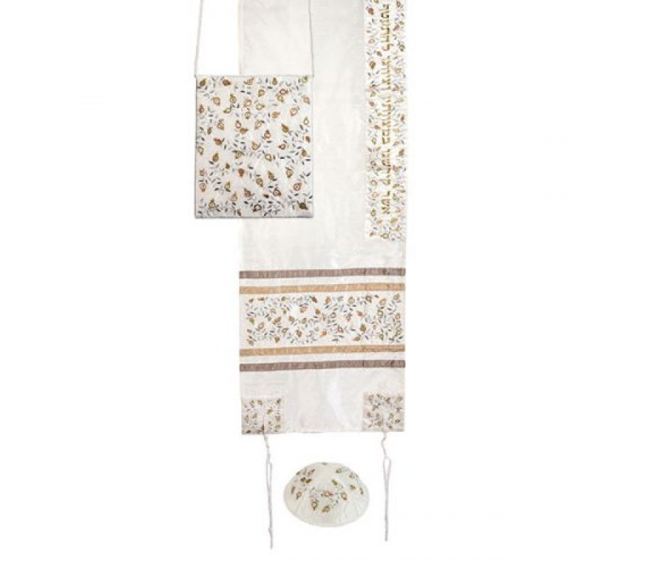 Yair Emanuel White Tallisack Tallit Set with Embroidered Pomegranates - Silver and Gold