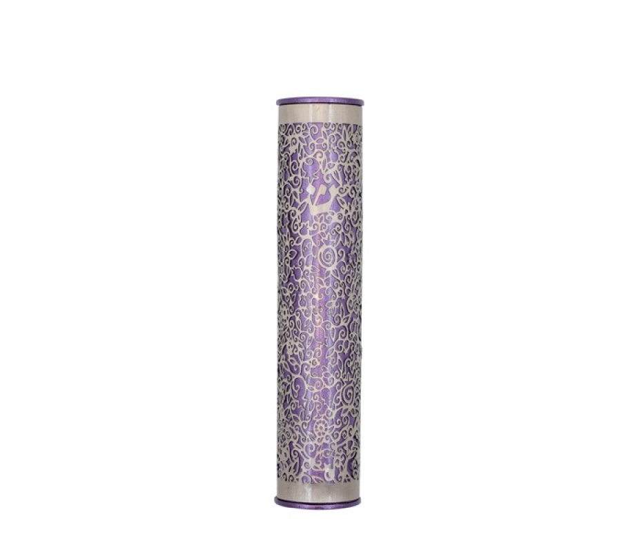 Yair Emanuel Wide Cutout Rounded Metal Mezuzah Case - Lilac Pomegranates