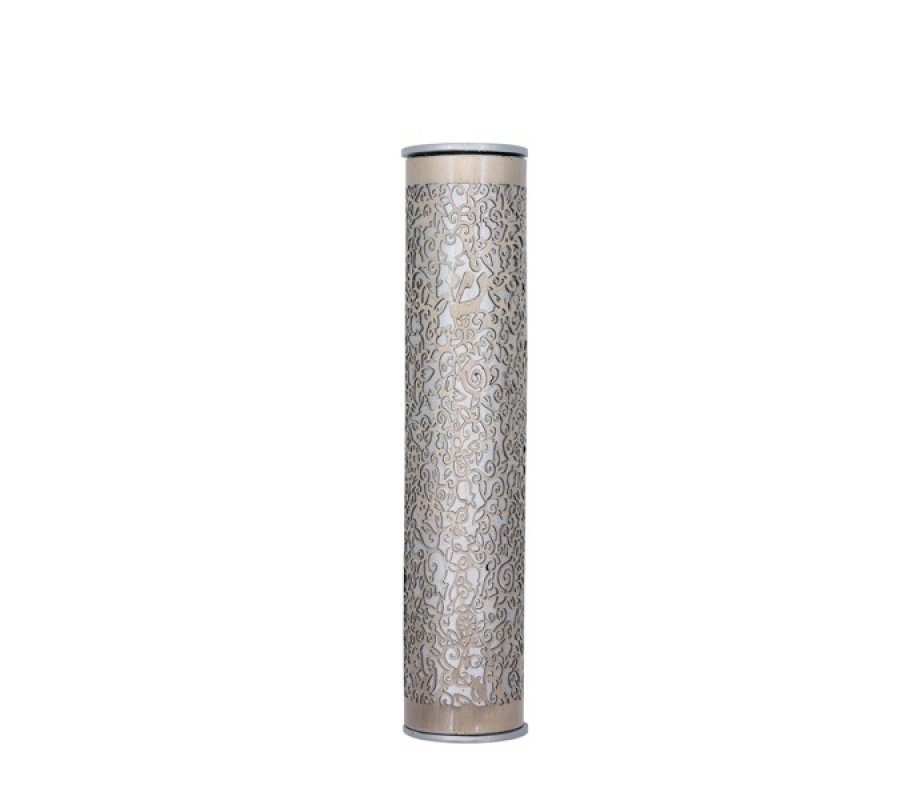 Yair Emanuel Wide Cutout Rounded Metal Mezuzah Case - Silver Pomegranates