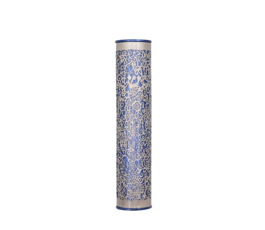 Yair Emanuel Wide Cutout Rounded Metal Mezuzah Case - Silver and Powder Blue Pomegranates