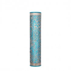 Yair Emanuel Wide Cutout Rounded Metal Mezuzah Case - Silver and Turquoise Pomegranates