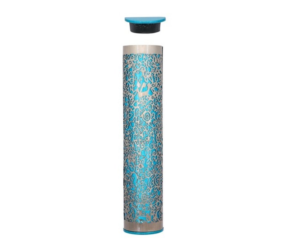 Yair Emanuel Wide Cutout Rounded Metal Mezuzah Case - Silver and Turquoise Pomegranates