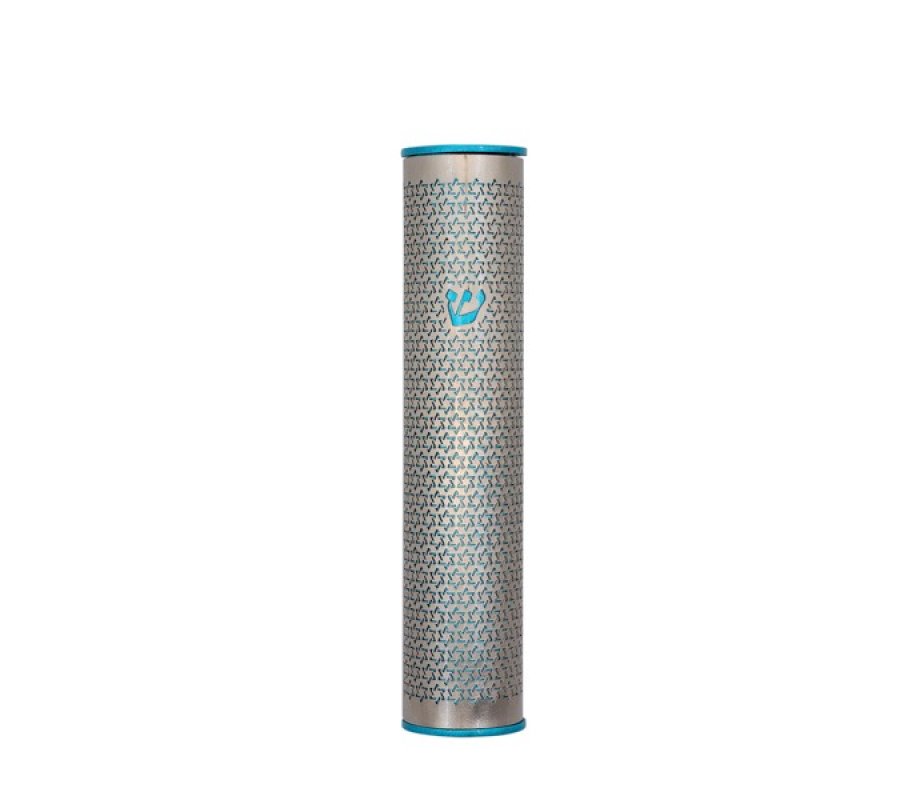 Yair Emanuel Wide Cutout Rounded Metal Mezuzah Case - Turquoise Stars of David