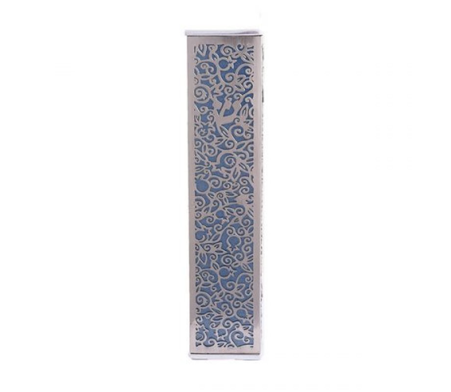 Yair Emanuel Wide Mezuzah Case, Cutout Pomegranates and Flowers - Blue