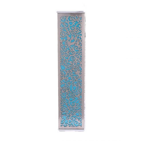 Yair Emanuel Wide Mezuzah Case, Cutout Pomegranates and Flowers - Turquoise