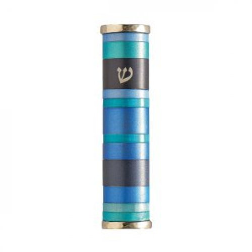 Yair Emanuel Wide Rounded Anodized Aluminum Mezuzah Case - Blue Stripes