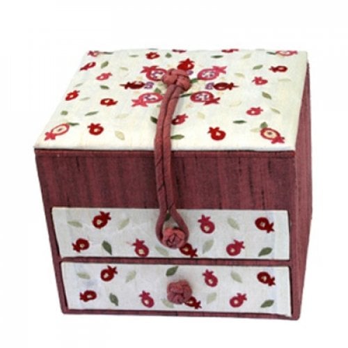 Yair Emanuel Wood & Fabric Embroidered Maroon Jewelry Box - Pomegranates