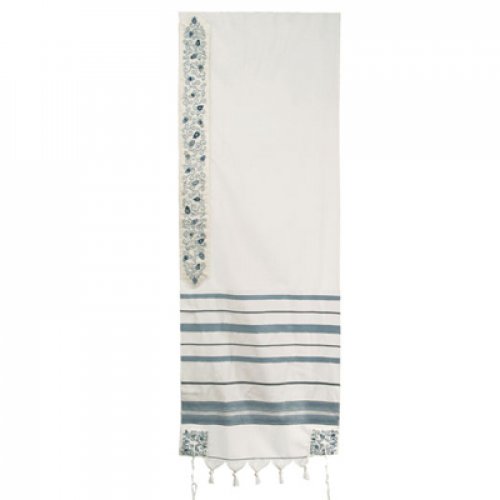Yair Emanuel Wool Tallit, Stripes and Embroidered Pomegranates - Light Blue 1 in stock