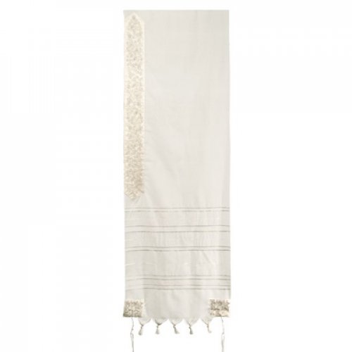 Yair Emanuel Wool Tallit, Stripes and Embroidered Pomegranates - Silver