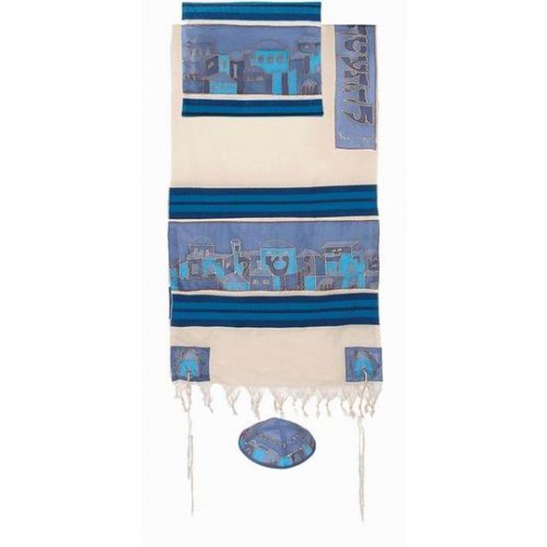 Yair Emanuel Woven Cotton Hand Painted Silk Tallit Set - Blue Jerusalem Images
